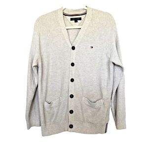 TOMMY HILFIGER Jumper Men's LARGE Cardigan Button Up Knitted Melange Grey